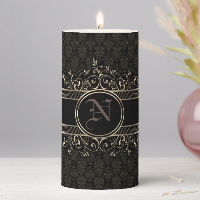 Black & Gold Ornate Gothic Monogrammed  Pillar Can Candle (In Situ)