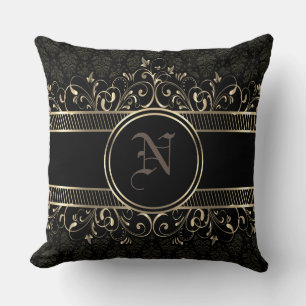 Black & Gold Ornate Gothic Monogrammed Throw Pillow