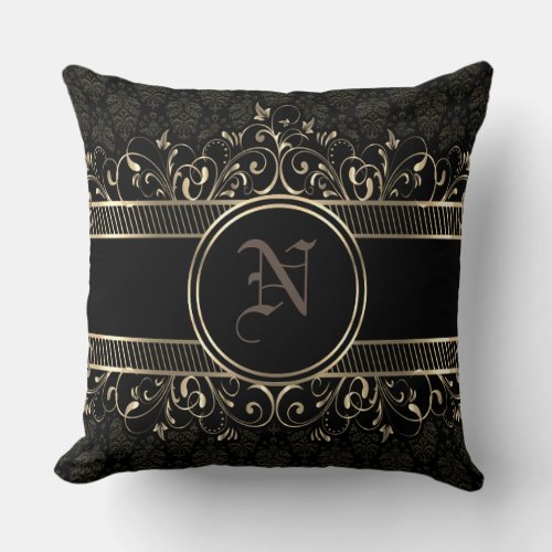 Black  Gold Ornate Gothic Monogrammed   Throw Pillow