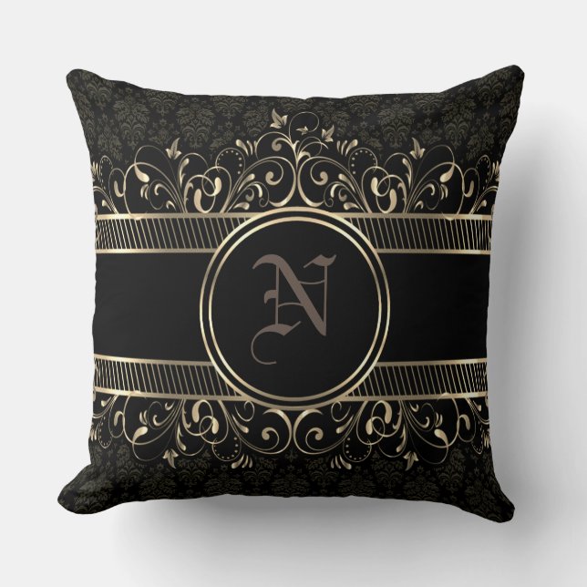 Black & Gold Ornate Gothic Monogrammed   Throw Pillow (Front)