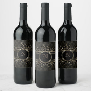 Black & Gold Ornate Gothic Monogrammed Wine Label