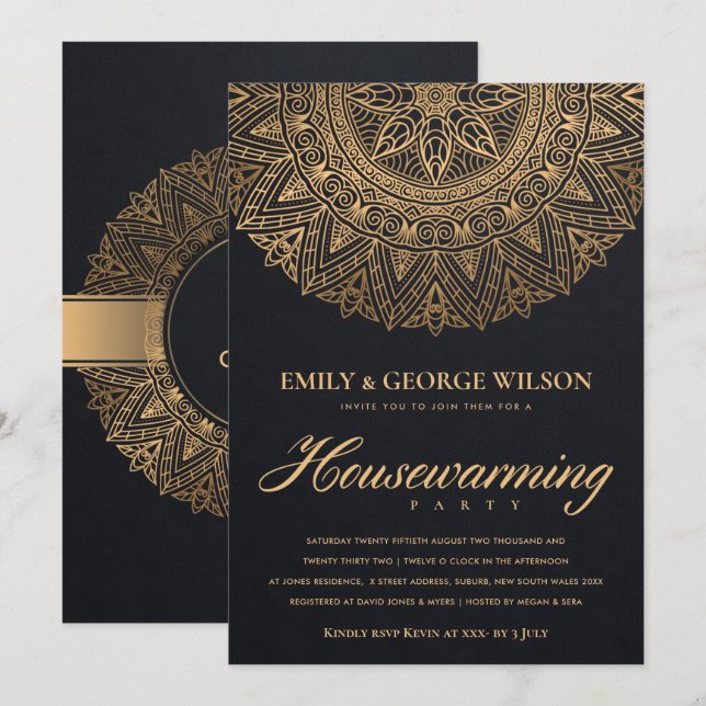 BLACK GOLD ORNATE MANDALA HOUSEWARMING PARTY INVITATION (Front/Back)