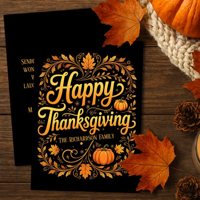 Black Gold Ornate Pumpkin Happy Thanksgiving Card (Creator Uploaded)