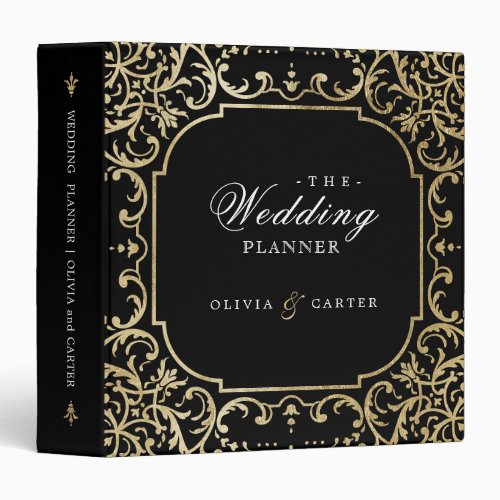 Black gold ornate romantic vintage wedding planner 3 ring binder