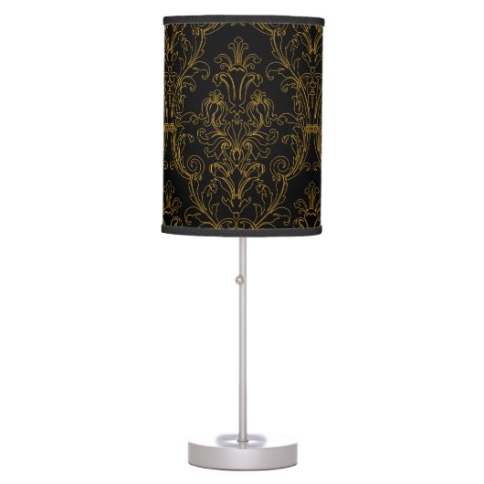Black Gold Outline Floral Damask Table Lamp (Front)