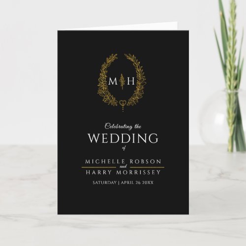 Black gold oval leaf monogram art wedding program