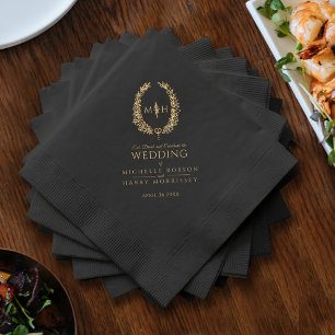 Black Gold oval leaves wedding monogrammed custom Foil Napkins