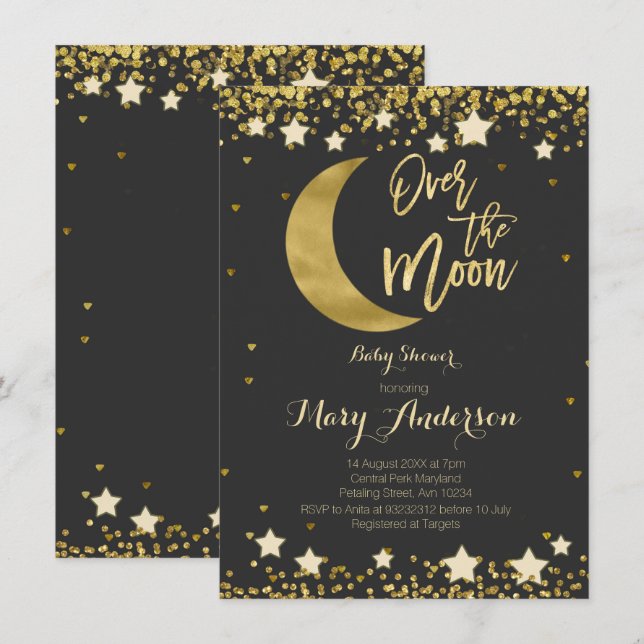 Black Gold Over the Moon Baby Shower Invitation (Front/Back)
