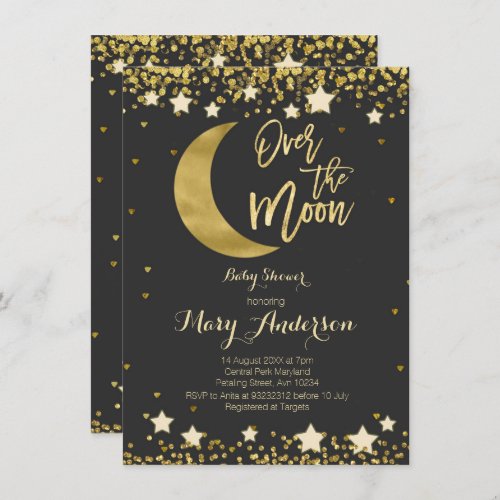 Black Gold Over the Moon Baby Shower Invitation