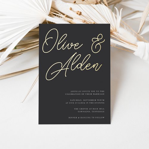 Black  Gold Oversized Script Wedding Foil Invitation