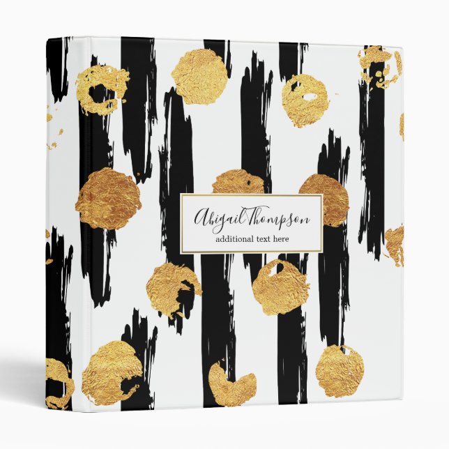 Black & Gold Painted Stripes and Dots Pattern 3 Ring Binder (Front/Spine)