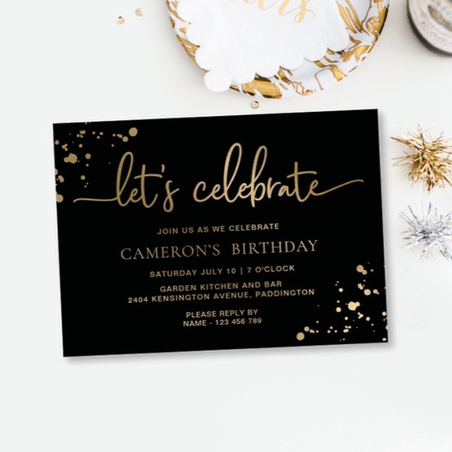 Black Gold Paintly Let's Celebrate Birthday Foil Invitation (Creator Uploaded)