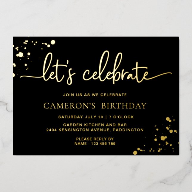 Black Gold Paintly Let's Celebrate Birthday Foil Invitation (Front)