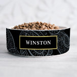 Black Gold Paisley Customized Bowl<br><div class="desc">Elevate your pet’s dining experience with this personalized pet bowl. Adorned with a classic black and gray paisley pattern, an elegant gold emblem, and a customizable name, this design exudes sophistication and style. Add a personal touch by customizing it with a pet’s name. Whether you’re searching for something unique for...</div>