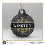 Black Gold Paisley Customized Pet ID Tag<br><div class="desc">Dress your dog or cat in style with this elegant pet ID tag that features a classic black and gray paisley pattern with a gold emblem and customizable text. Add a pet’s name on the front and phone number on the back to create a one-of-a-kind gift for yourself, new pet...</div>