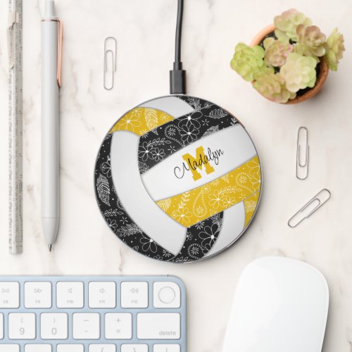 black gold paisley doodle pattern girls volleyball wireless charger 