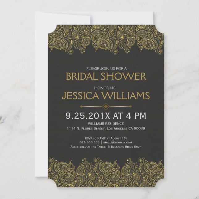 Black & Gold paisley Lace Bridal Shower Invite (Front)