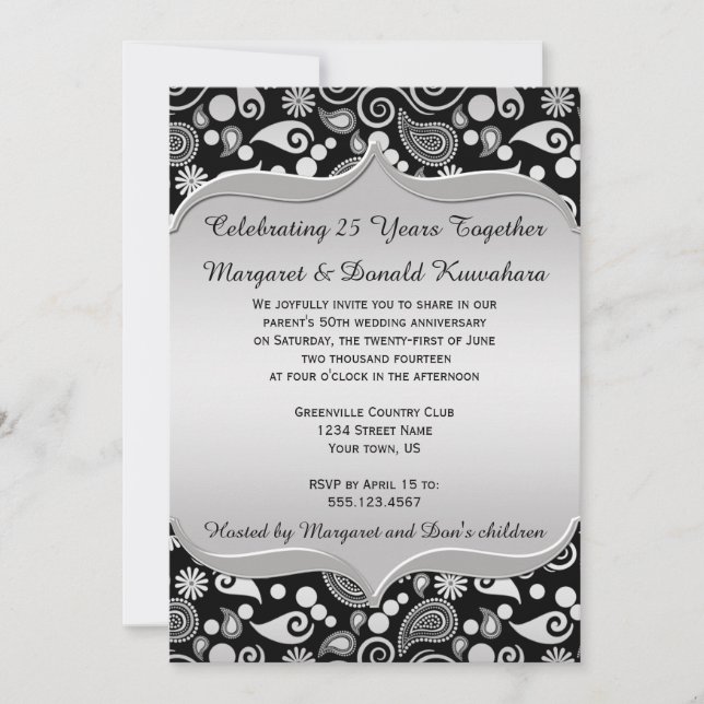 Black Gold Paisley Ornate Frame 25th Anniversary Invitation (Front)
