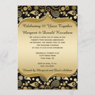 Black Gold Paisley Ornate Frame 50th Anniversary Invitation