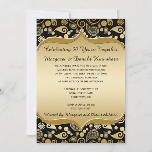 Black Gold Paisley Ornate Frame 50th Anniversary Invitation