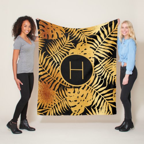 Black gold palm tree leaves monogram fleece blanket