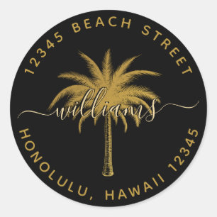Black & Gold Palm Tree Return Address Classic Roun Round Sticker