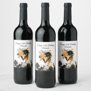 Black Gold Party Cocktails Drink Florals Wine Label