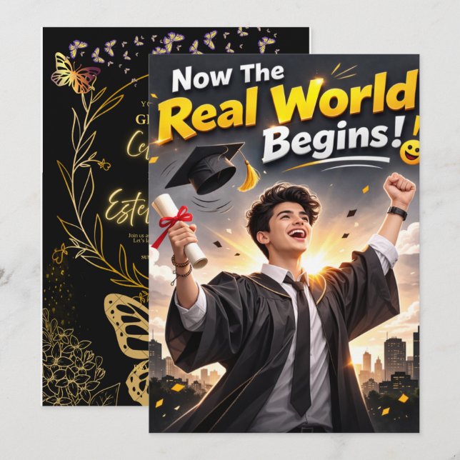 Black & Gold Party Invite | Custom Name Photo Grad (Front/Back)