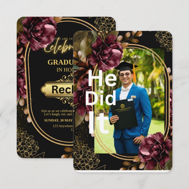 Black & Gold Party Invite | Custom Name Photo Grad (Front/Back)