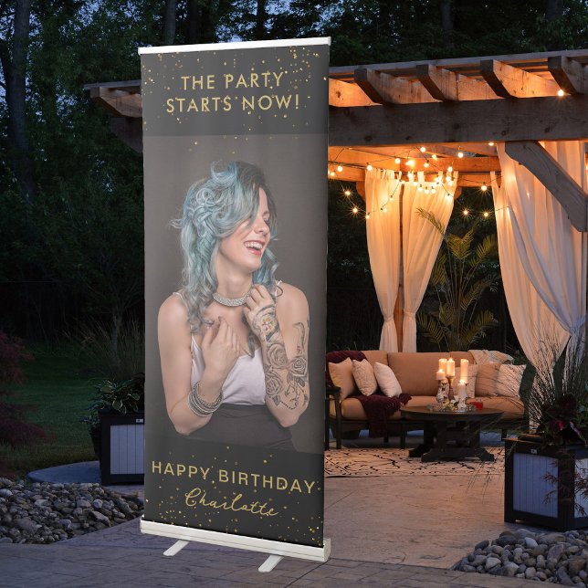 Black Gold Party Starts Now Happy Birthday Photo Retractable Banner (Black Gold Party Starts Now Happy Birthday Photo Retractable Banner)