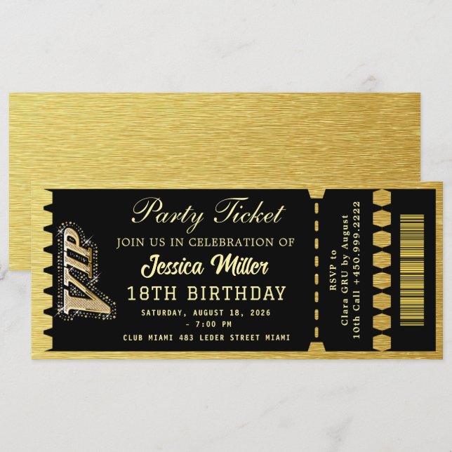 Black & Gold Party Ticket Invitation (Front/Back)