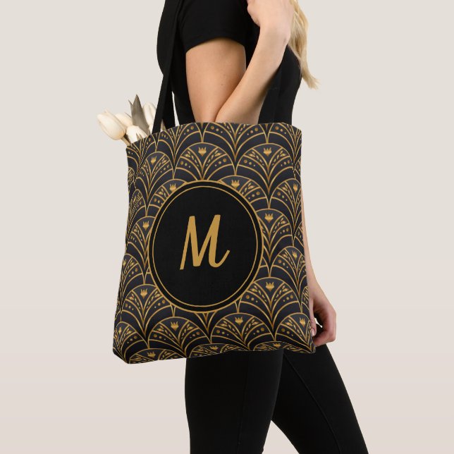 Black Gold Pattern Art Deco Monogram Personalize Tote Bag (Close Up)