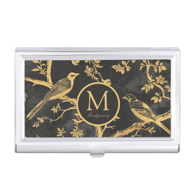 Black Gold Pattern Monogram Business Card Holder (Front)