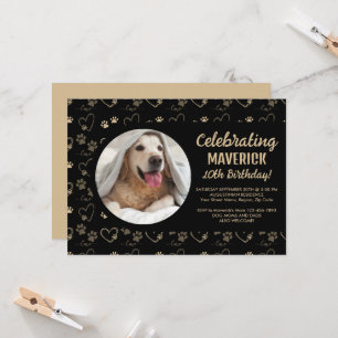 Black Gold Paw Print Dog Birthday Party Invitation