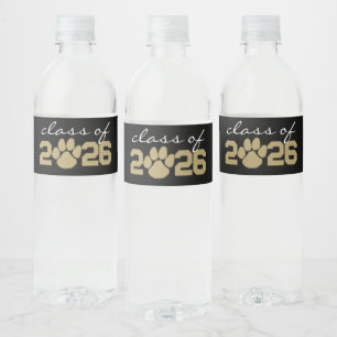 Black & Gold Paw Print Graduation Water Bottle Label