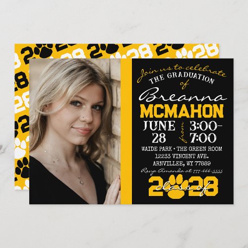 Black  Gold Pawprint Graduation Photo Invitation