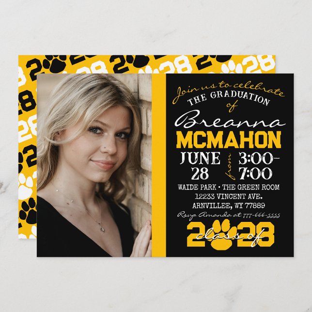 Black & Gold Pawprint Graduation Photo Invitation (Repeating Class Year 1 & 2 Photo Graduation Invitations & Announcements (Paw Print Version)