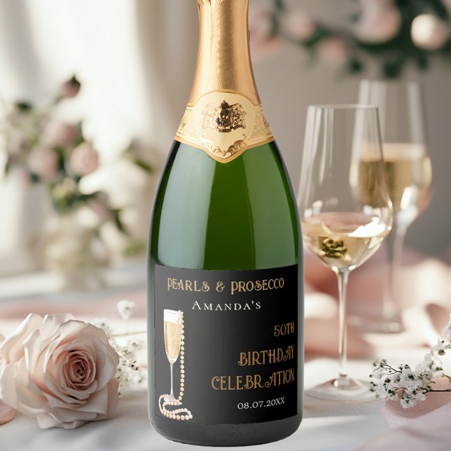 Black gold pearls prosecco birthday party sparkling wine label (Creator Uploaded)