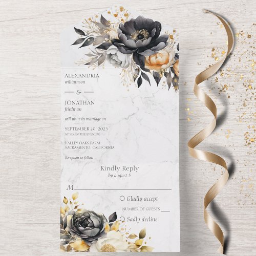 Black  Gold Peonies on Marble All In One Invitation
