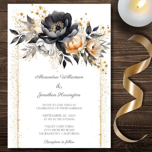 Black  Gold Peonies with Glitter Effect Wedding  Invitation