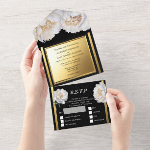 Black gold peony floral flower wedding luxurious all in one invitation