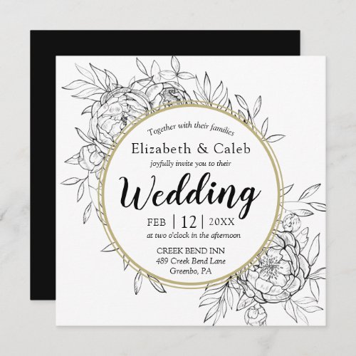 Black  Gold Peony Modern Floral Toile Wedding Invitation