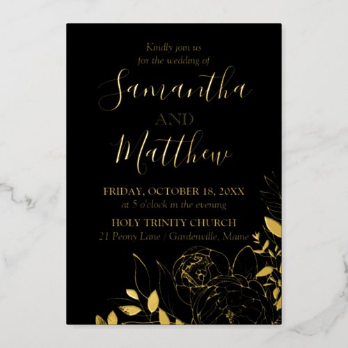 Black  Gold Peony Modern Floral Wedding Foil Invitation