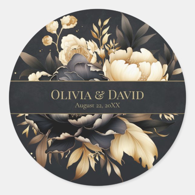 Black & Gold Peony Wedding Round Sticker (Front)