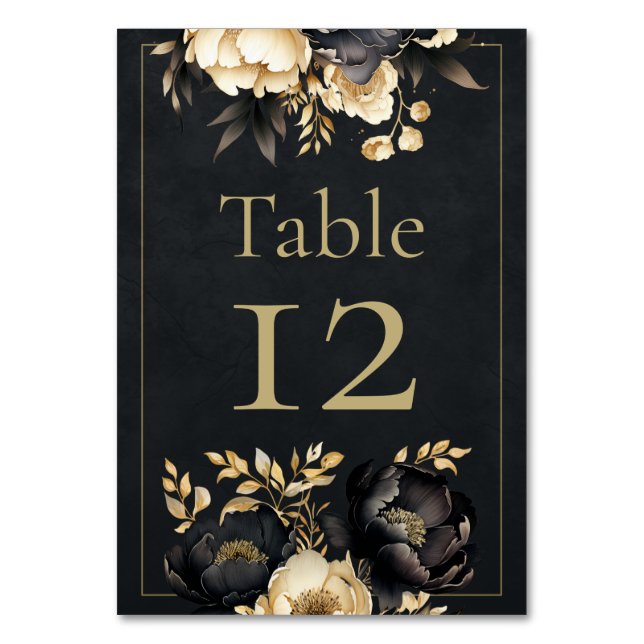 Black & Gold Peony Wedding Table Number (Front)
