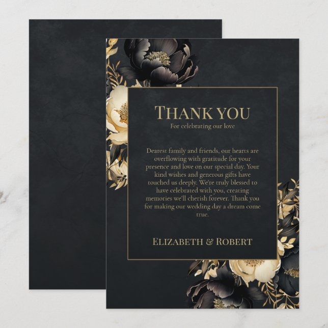 Black & Gold Peony Wedding Thank You Card (Front/Back)