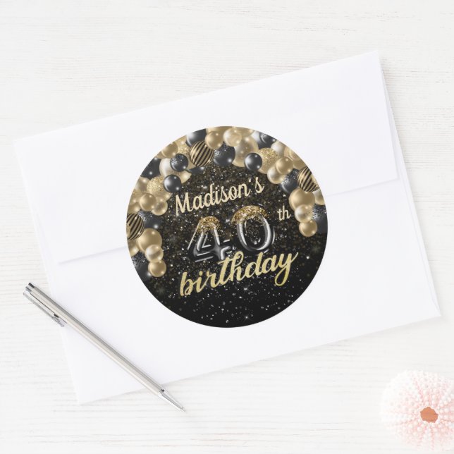 Black Gold Personalized 40th Birthday Classic Round Sticker (Envelope)