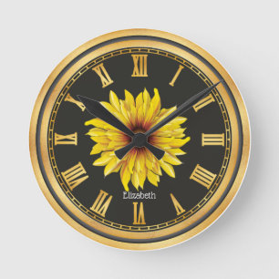 Black Gold Personalized Beautiful Sunflower Round Clock