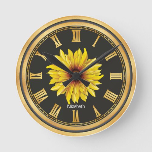 Black Gold Personalized Beautiful Sunflower    Round Clock