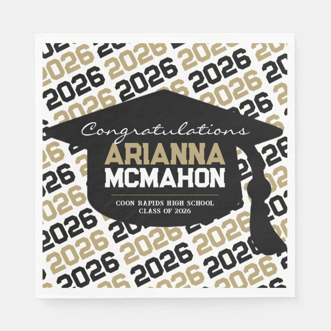 Black & Gold Personalized Graduation Cap Paper Napkins (Front)